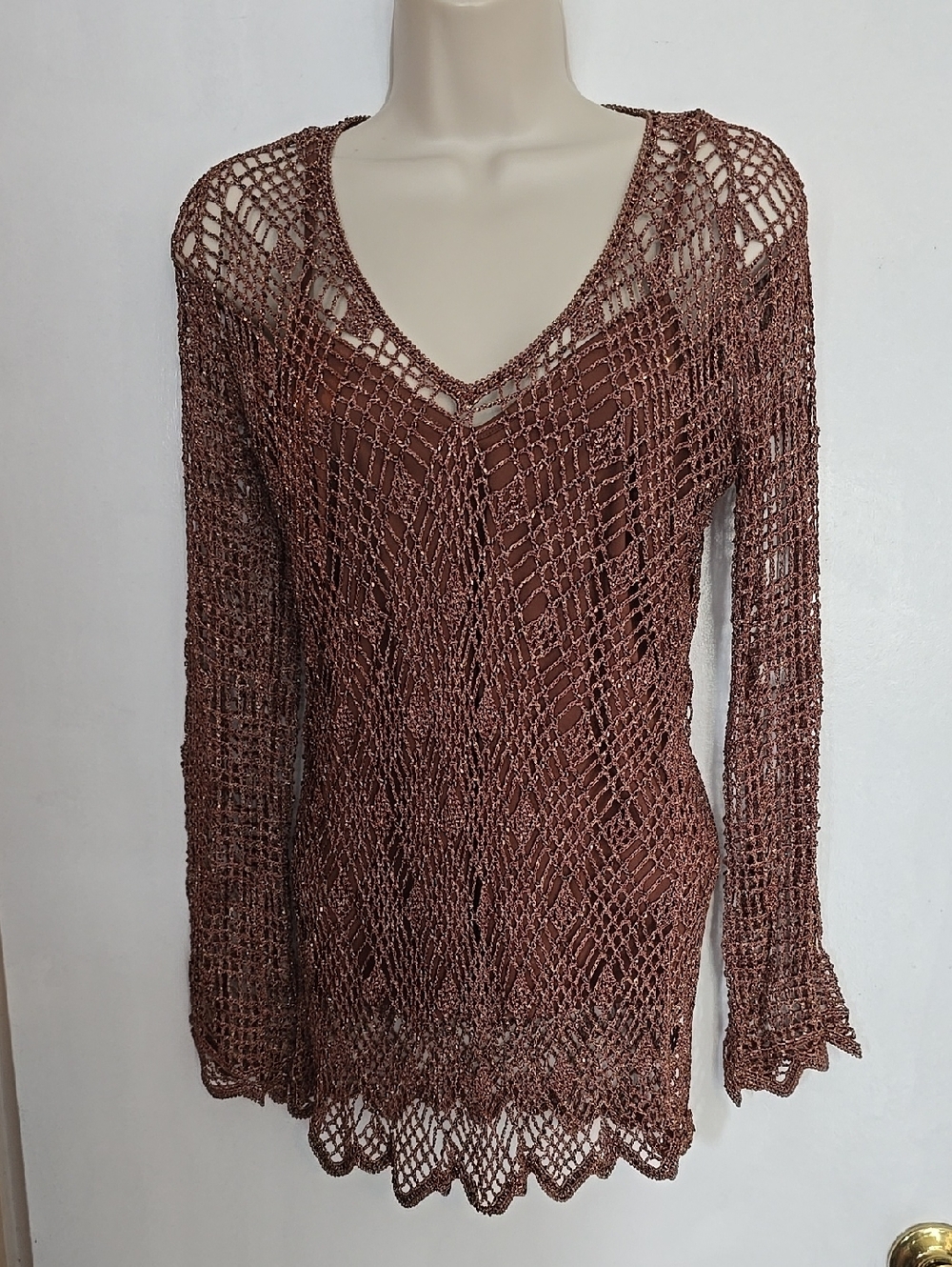 NEXT Bronze Crochet V-Neck Long Sleeve Knit Top w Tank Top UK 12 US Medium